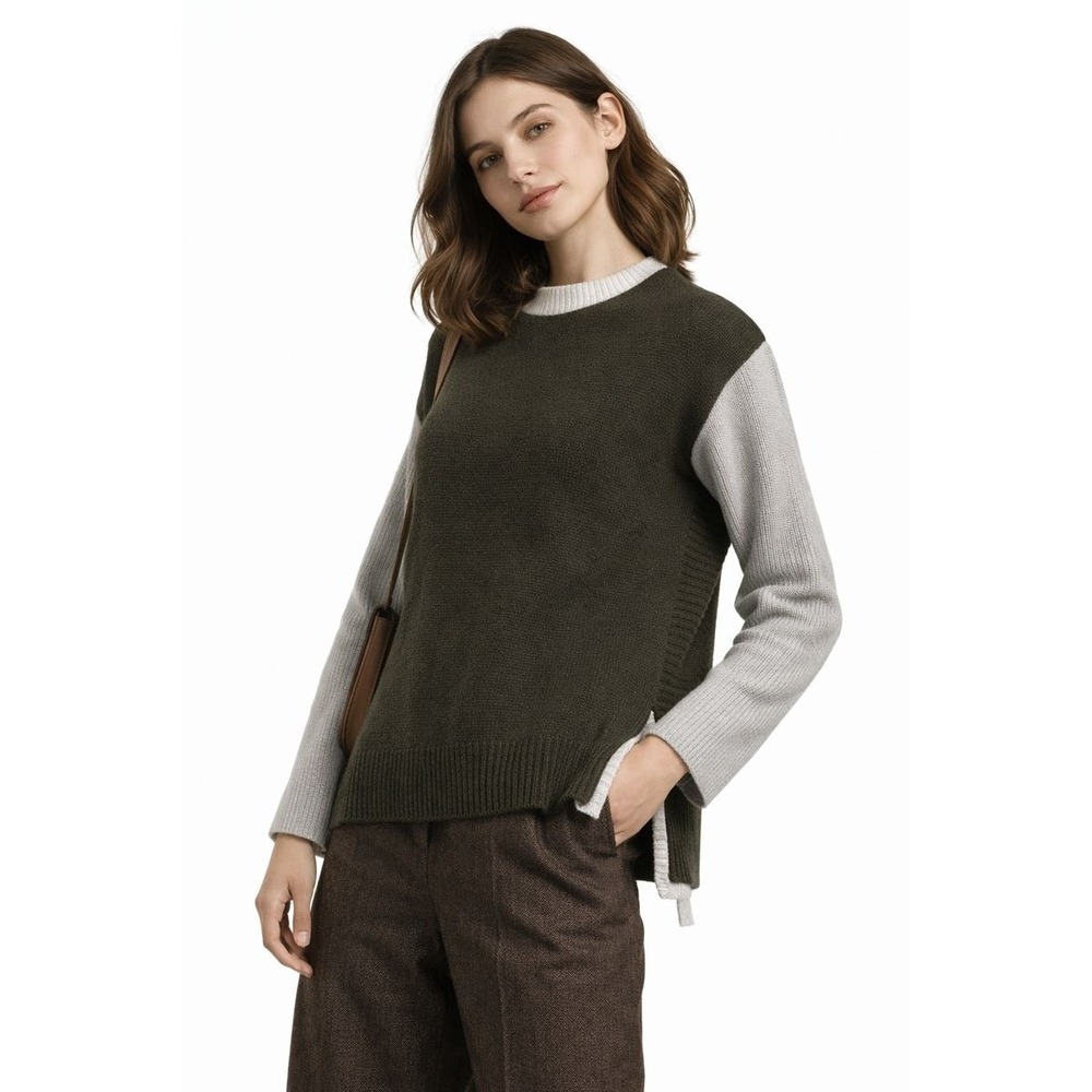 Tahari Colorblock Quarter Zip Sweater Small Light Grey Olive Green Quiet Luxury‎
